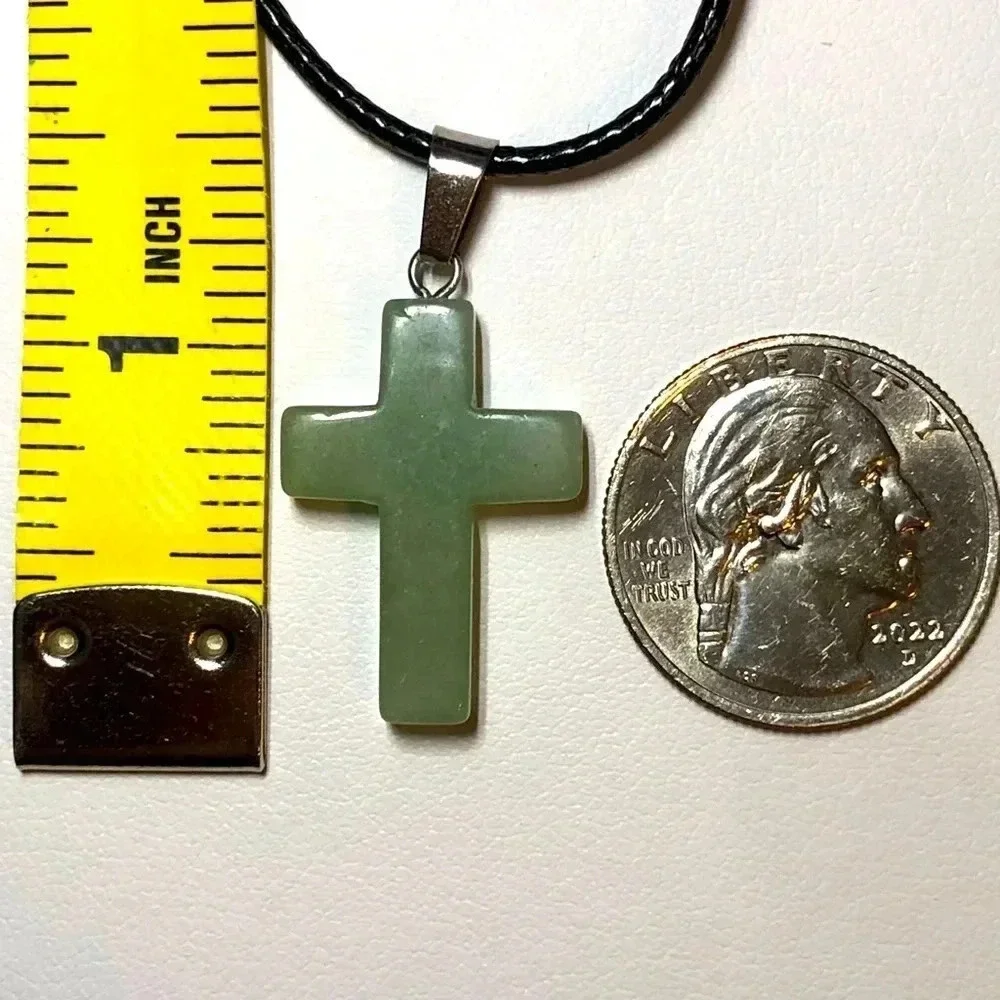 Adventurine Cross Natural Braided Stainless Steel Necklace NWT